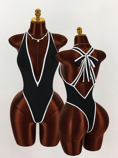 Amplova Women's Sexy Monochrome One Piece Swimsuit, Deep V-Neck Backless Bowknot Design, Sophisticated Look Suitable For Valentine's Day