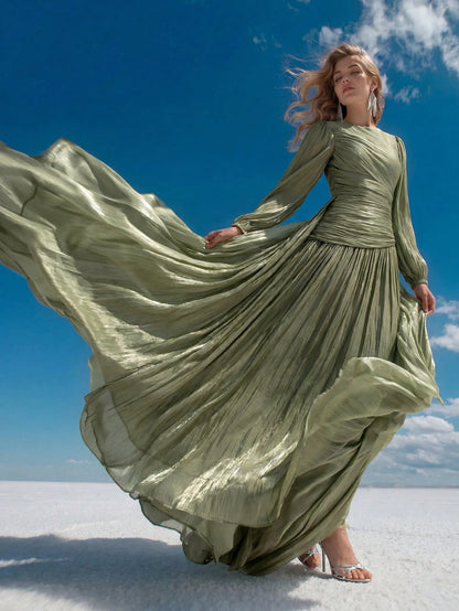 Anewsta Essential Women Sage Green Long Sleeve Pleated Waist Shiny Dress, Elegant And Versatile Day Party Autumn