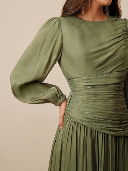 Anewsta Essential Women Sage Green Long Sleeve Pleated Waist Shiny Dress, Elegant And Versatile Day Party Autumn