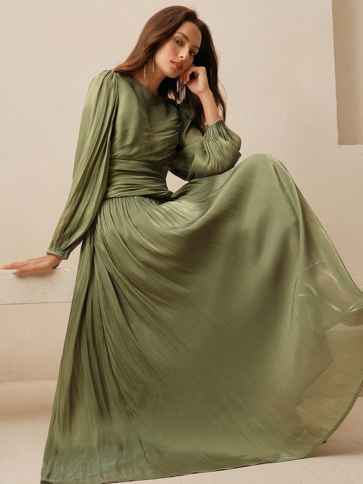 Anewsta Essential Women Sage Green Long Sleeve Pleated Waist Shiny Dress, Elegant And Versatile Day Party Autumn