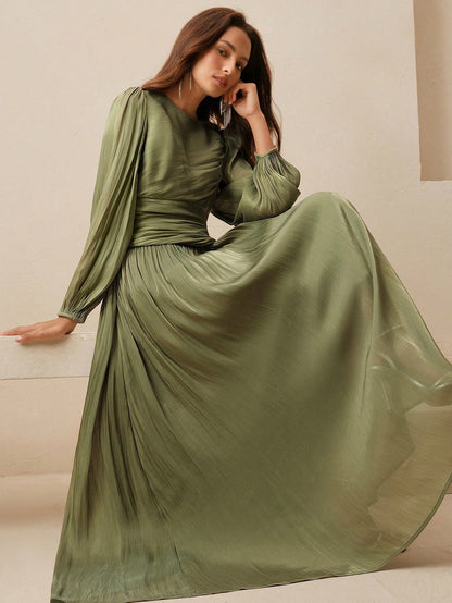 Anewsta Essential Women Sage Green Long Sleeve Pleated Waist Shiny Dress, Elegant And Versatile Day Party Autumn