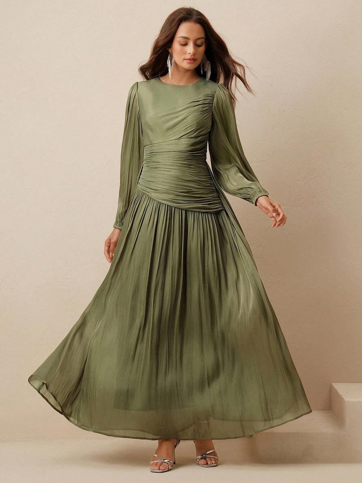 Anewsta Essential Women Sage Green Long Sleeve Pleated Waist Shiny Dress, Elegant And Versatile Day Party Autumn