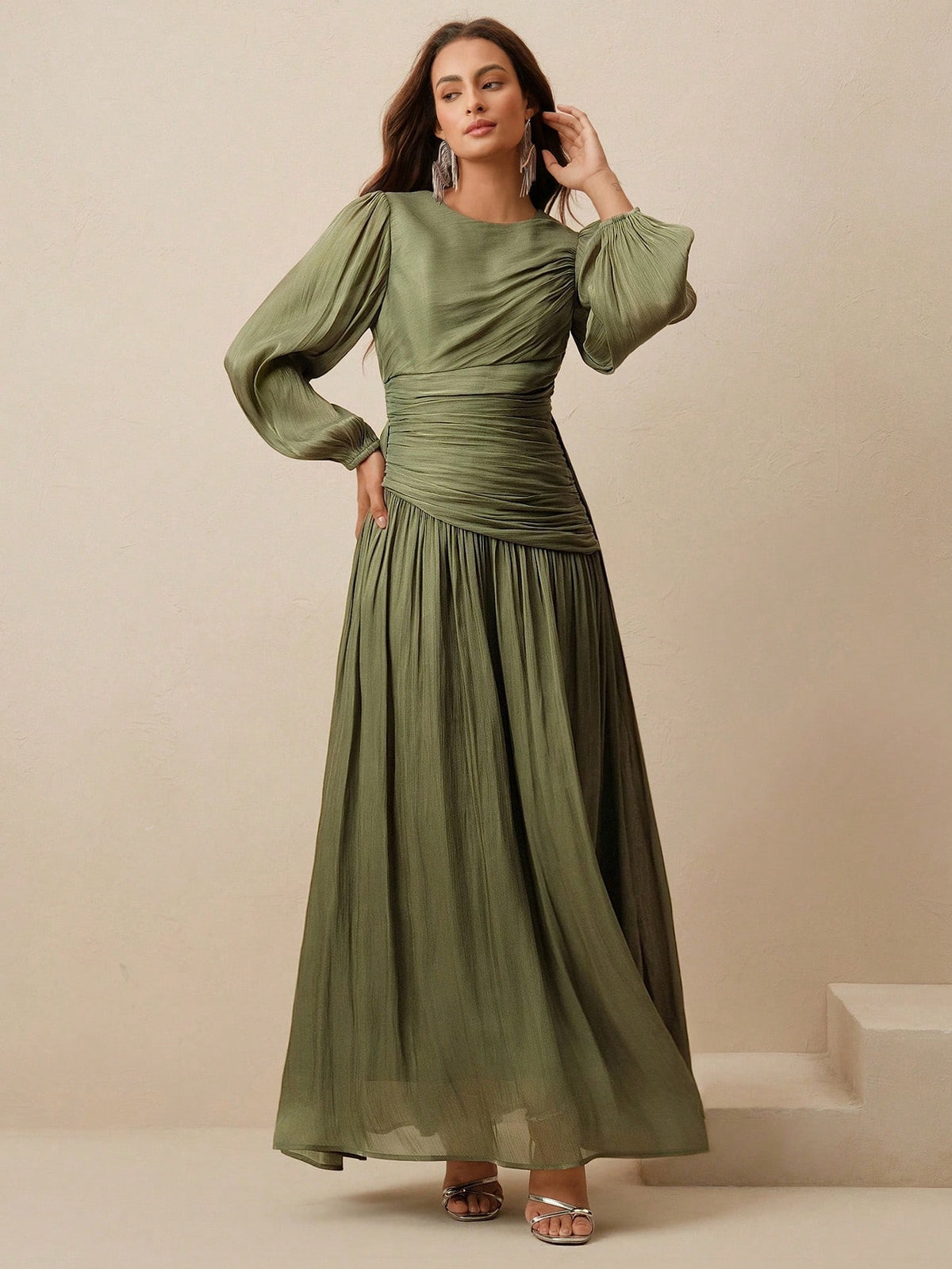Anewsta Essential Women Sage Green Long Sleeve Pleated Waist Shiny Dress, Elegant And Versatile Day Party Autumn