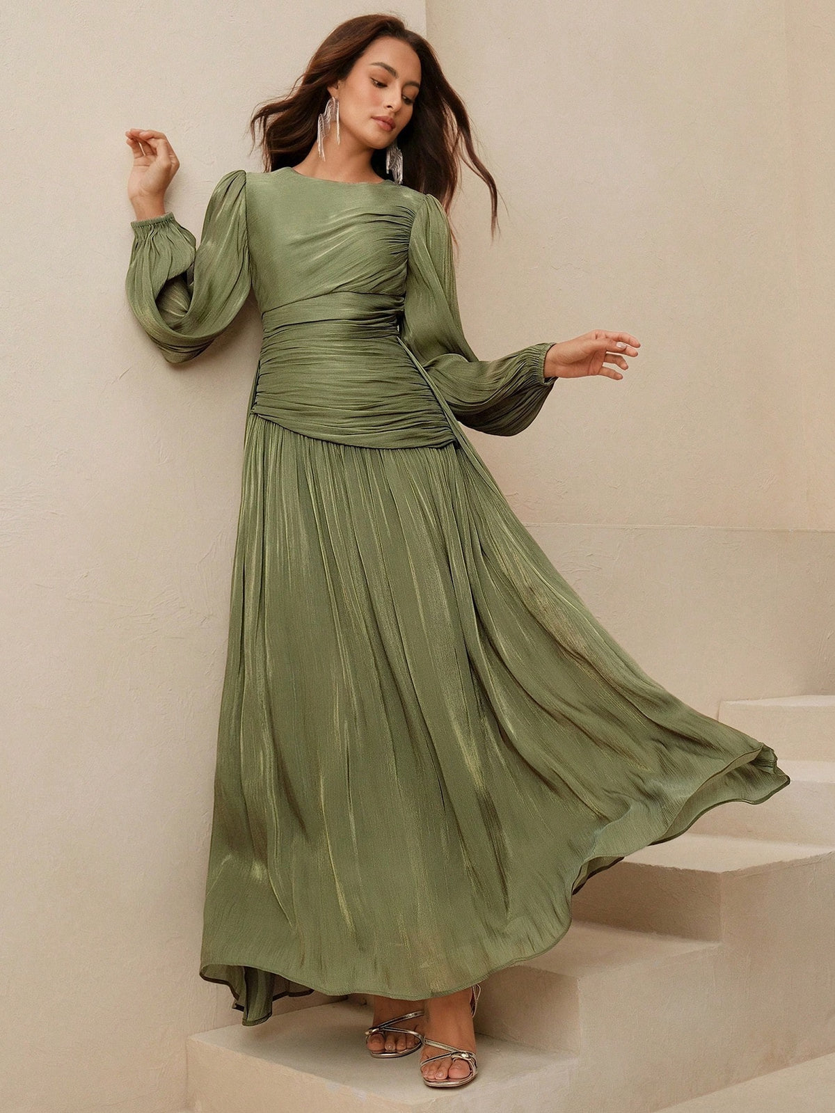 Anewsta Essential Women Sage Green Long Sleeve Pleated Waist Shiny Dress, Elegant And Versatile Day Party Autumn