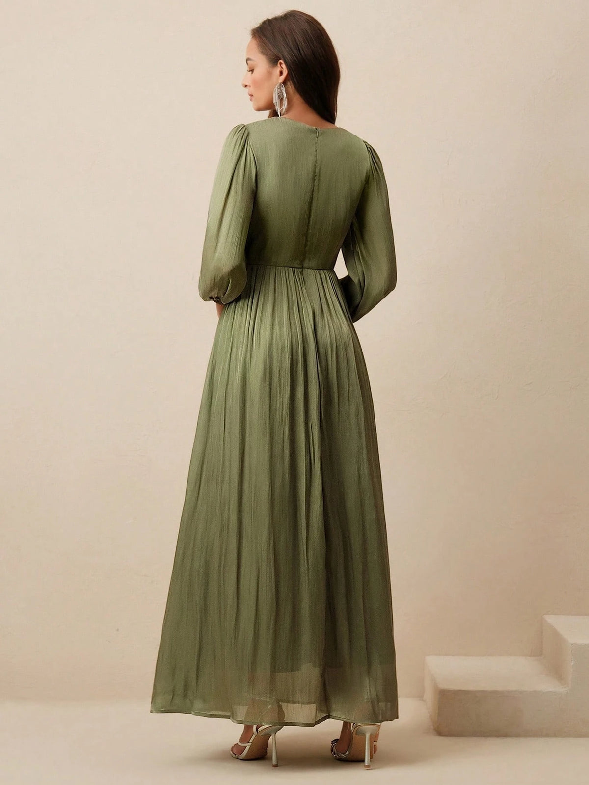 Anewsta Essential Women Sage Green Long Sleeve Pleated Waist Shiny Dress, Elegant And Versatile Day Party Autumn