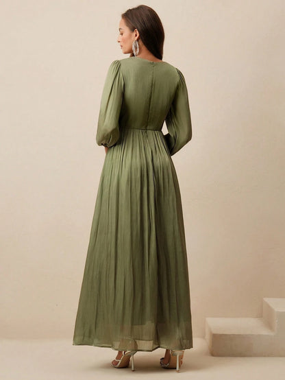 Anewsta Essential Women Sage Green Long Sleeve Pleated Waist Shiny Dress, Elegant And Versatile Day Party Autumn
