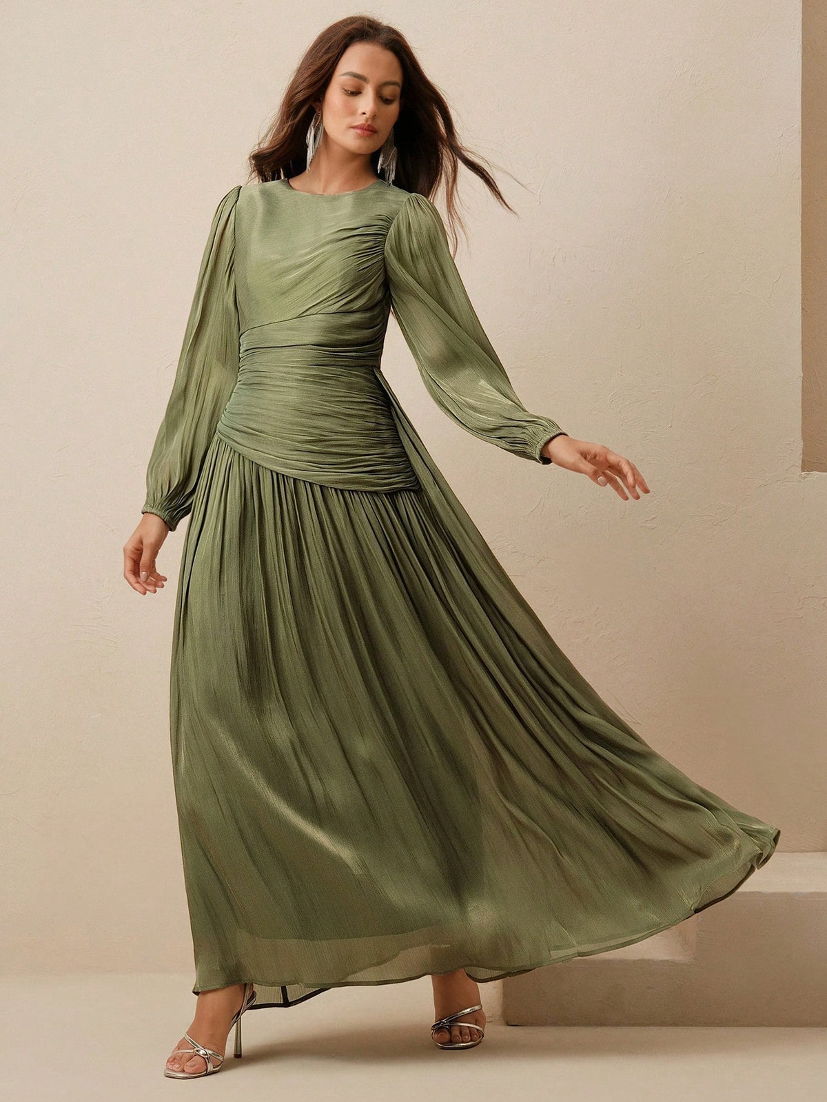 Anewsta Essential Women Sage Green Long Sleeve Pleated Waist Shiny Dress, Elegant And Versatile Day Party Autumn