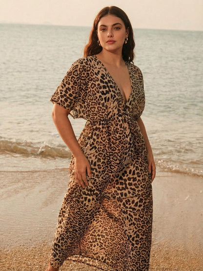 Anewsta Leopard Print Loose Beach Cover Up Dress, Suitable For Beach, Festival, Casual, Vacation, Holiday
