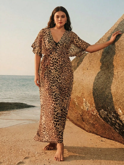 Anewsta Leopard Print Loose Beach Cover Up Dress, Suitable For Beach, Festival, Casual, Vacation, Holiday