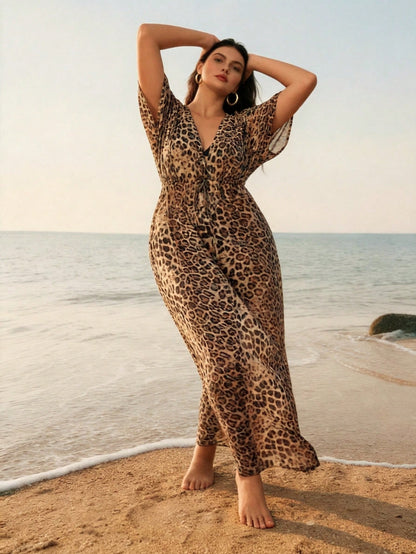 Anewsta Leopard Print Loose Beach Cover Up Dress, Suitable For Beach, Festival, Casual, Vacation, Holiday