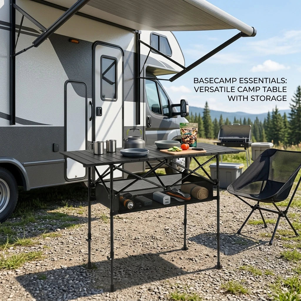 Aoran Adjustable Height Outdoor Folding Table, Portable Camping Table, Folding Picnic Table, Reinforced Stable Structure, Outdoor BBQ Table, Multi-Functional Travel Table, Beach Table, Camping Gear, O