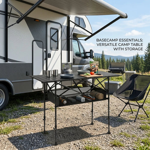 Aoran Adjustable Height Outdoor Folding Table, Portable Camping Table, Folding Picnic Table, Reinforced Stable Structure, Outdoor BBQ Table, Multi-Functional Travel Table, Beach Table, Camping Gear, O