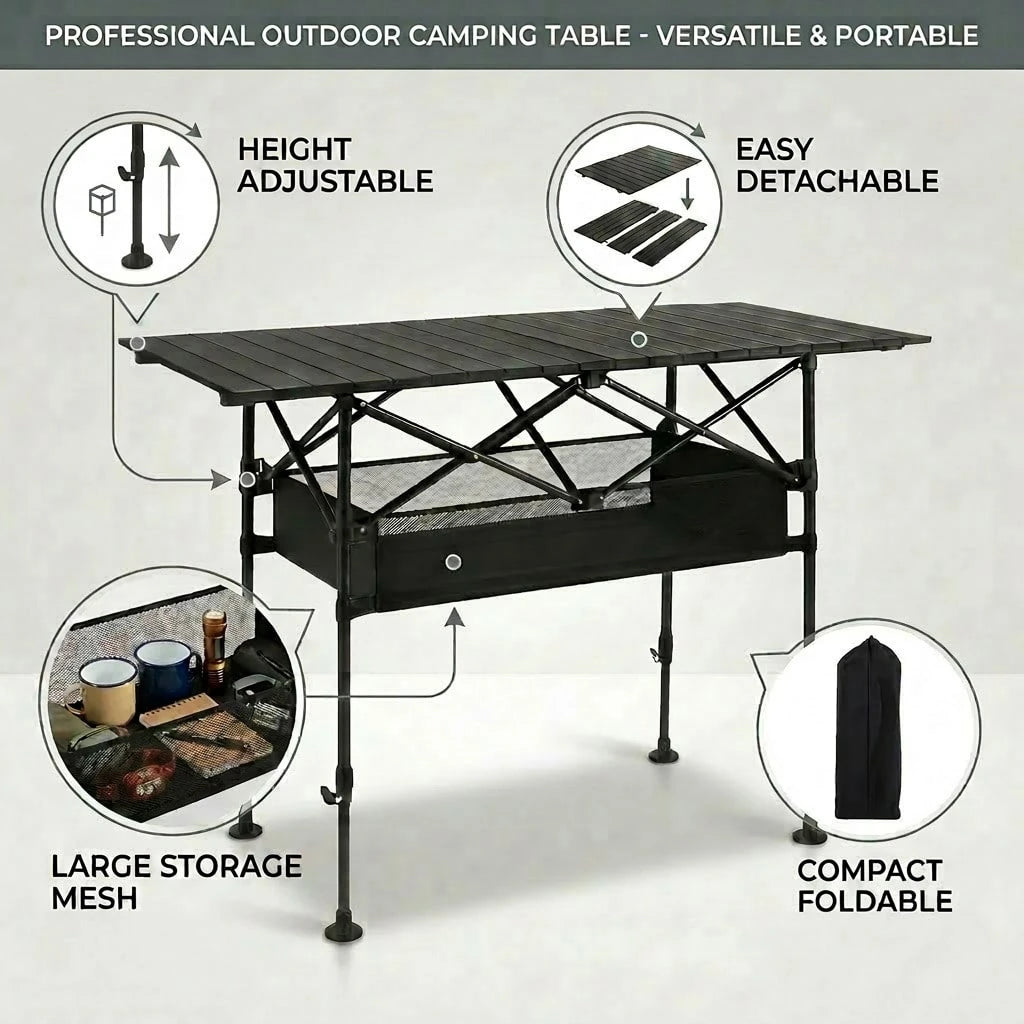 Aoran Adjustable Height Outdoor Folding Table, Portable Camping Table, Folding Picnic Table, Reinforced Stable Structure, Outdoor BBQ Table, Multi-Functional Travel Table, Beach Table, Camping Gear, O