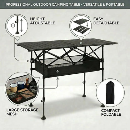 Aoran Adjustable Height Outdoor Folding Table, Portable Camping Table, Folding Picnic Table, Reinforced Stable Structure, Outdoor BBQ Table, Multi-Functional Travel Table, Beach Table, Camping Gear, O