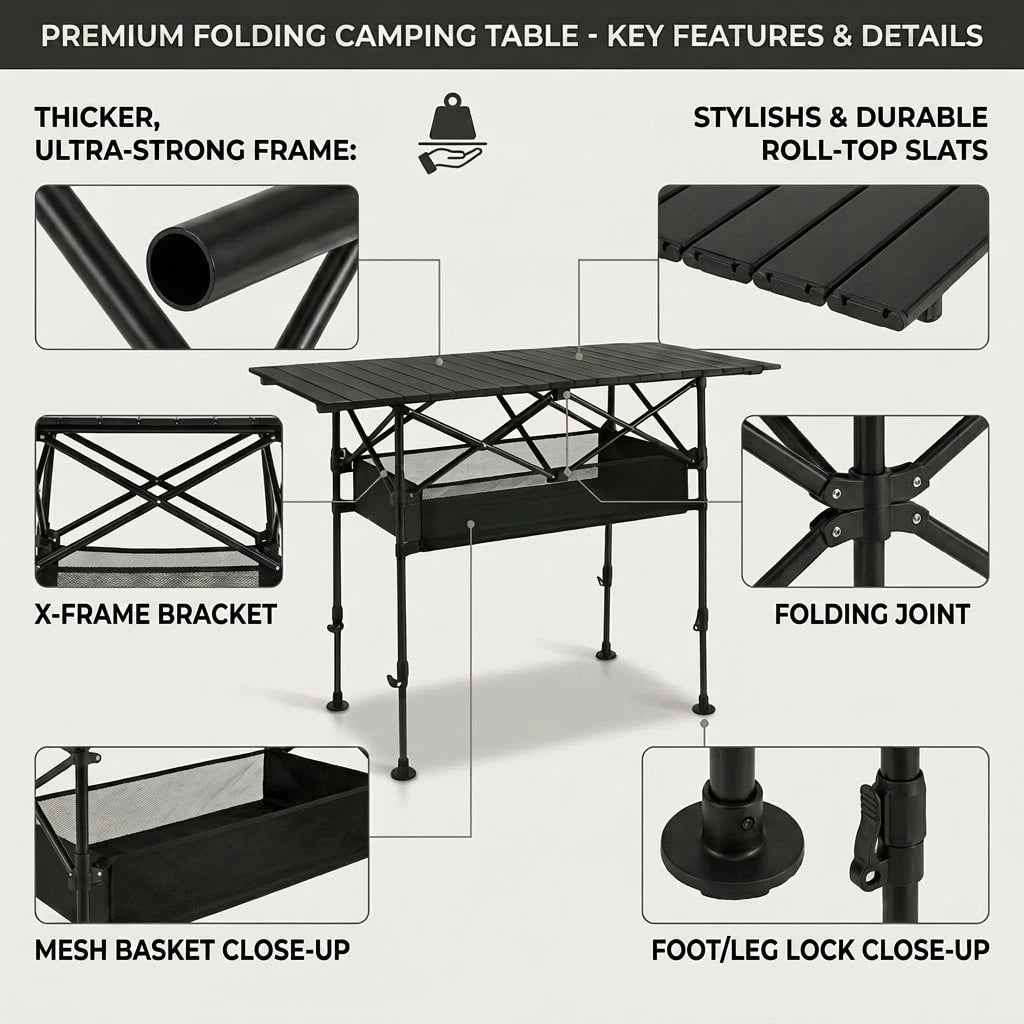 Aoran Adjustable Height Outdoor Folding Table, Portable Camping Table, Folding Picnic Table, Reinforced Stable Structure, Outdoor BBQ Table, Multi-Functional Travel Table, Beach Table, Camping Gear, O