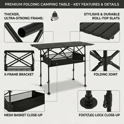 Aoran Adjustable Height Outdoor Folding Table, Portable Camping Table, Folding Picnic Table, Reinforced Stable Structure, Outdoor BBQ Table, Multi-Functional Travel Table, Beach Table, Camping Gear, O