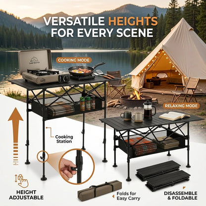 Aoran Adjustable Height Outdoor Folding Table, Portable Camping Table, Folding Picnic Table, Reinforced Stable Structure, Outdoor BBQ Table, Multi-Functional Travel Table, Beach Table, Camping Gear, O