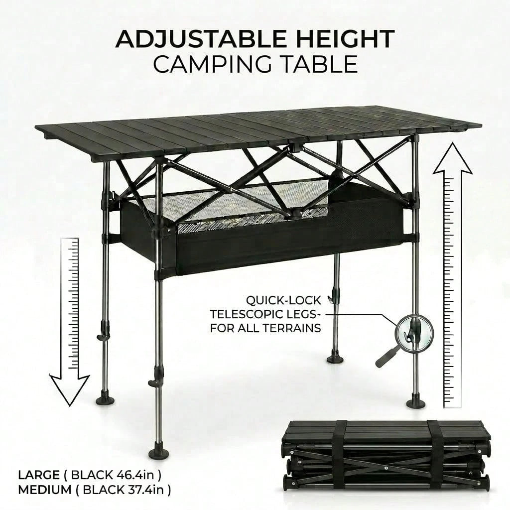 Aoran Adjustable Height Outdoor Folding Table, Portable Camping Table, Folding Picnic Table, Reinforced Stable Structure, Outdoor BBQ Table, Multi-Functional Travel Table, Beach Table, Camping Gear, O