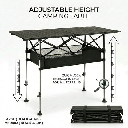 Aoran Adjustable Height Outdoor Folding Table, Portable Camping Table, Folding Picnic Table, Reinforced Stable Structure, Outdoor BBQ Table, Multi-Functional Travel Table, Beach Table, Camping Gear, O