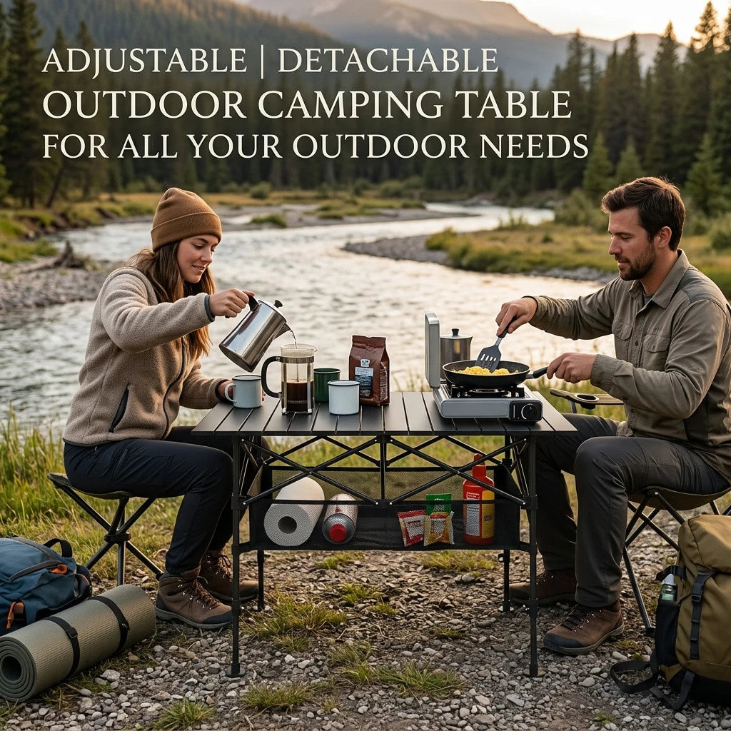 Aoran Adjustable Height Outdoor Folding Table, Portable Camping Table, Folding Picnic Table, Reinforced Stable Structure, Outdoor BBQ Table, Multi-Functional Travel Table, Beach Table, Camping Gear, O