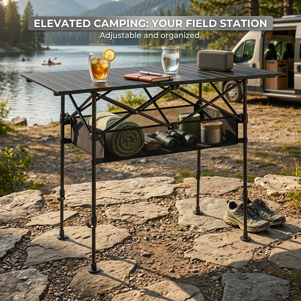 Aoran Adjustable Height Outdoor Folding Table, Portable Camping Table, Folding Picnic Table, Reinforced Stable Structure, Outdoor BBQ Table, Multi-Functional Travel Table, Beach Table, Camping Gear, O