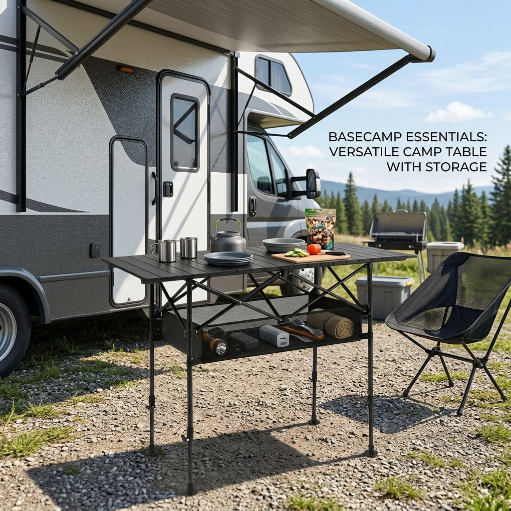 Aoran Adjustable Height Outdoor Folding Table, Portable Camping Table, Folding Picnic Table, Reinforced Stable Structure, Outdoor BBQ Table, Multi-Functional Travel Table, Beach Table, Camping Gear, O