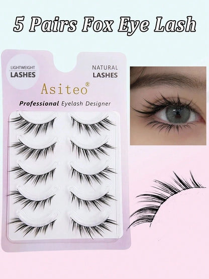 Asiteo 5 Pairs Cartoon Cat Eye & Fox Eye Faux Mink Fur False Eyelashes, Sexy Eyelash Extension Makeup