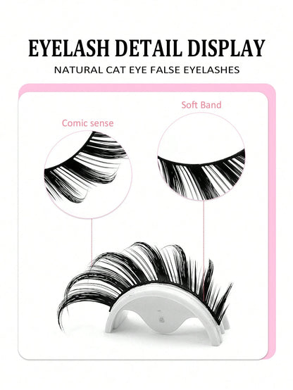 Asiteo 5 Pairs Cat Eye False Eyelashes, Faux Mink Lashes, 3D Curly, Natural & Realistic, Messy Ends, Elongate Eye Shape, Cartoon Style Lashes, Soft Black Lash Band