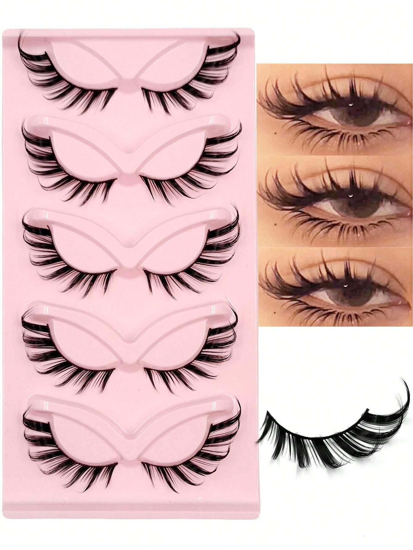 Asiteo 5 Pairs Cat Eye False Eyelashes, Faux Mink Lashes, 3D Curly, Natural & Realistic, Messy Ends, Elongate Eye Shape, Cartoon Style Lashes, Soft Black Lash Band