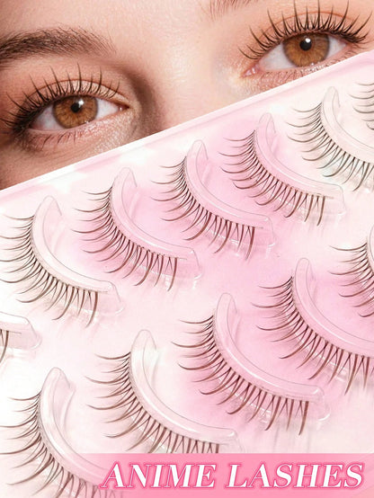 Asiteo 7 Pairs Transparent Stem Brown False Eyelashes, Cartoon Anime Style Natural Look, Thin And Dense Fairy Style, Long And Slender, Suitable For Daily And Party Makeup, Creating A Charming Makeup E