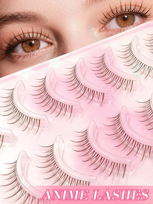 Asiteo 7 Pairs Transparent Stem Brown False Eyelashes, Cartoon Anime Style Natural Look, Thin And Dense Fairy Style, Long And Slender, Suitable For Daily And Party Makeup, Creating A Charming Makeup E
