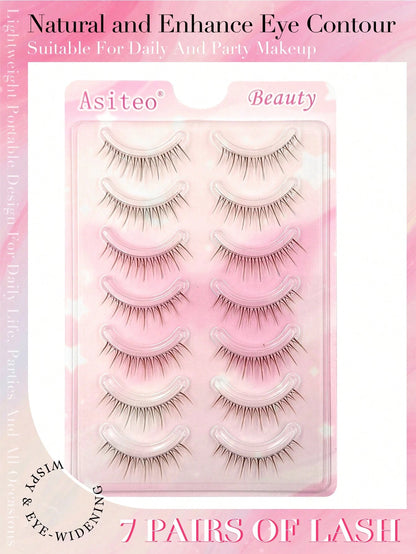 Asiteo 7 Pairs Transparent Stem Brown False Eyelashes, Cartoon Anime Style Natural Look, Thin And Dense Fairy Style, Long And Slender, Suitable For Daily And Party Makeup, Creating A Charming Makeup E