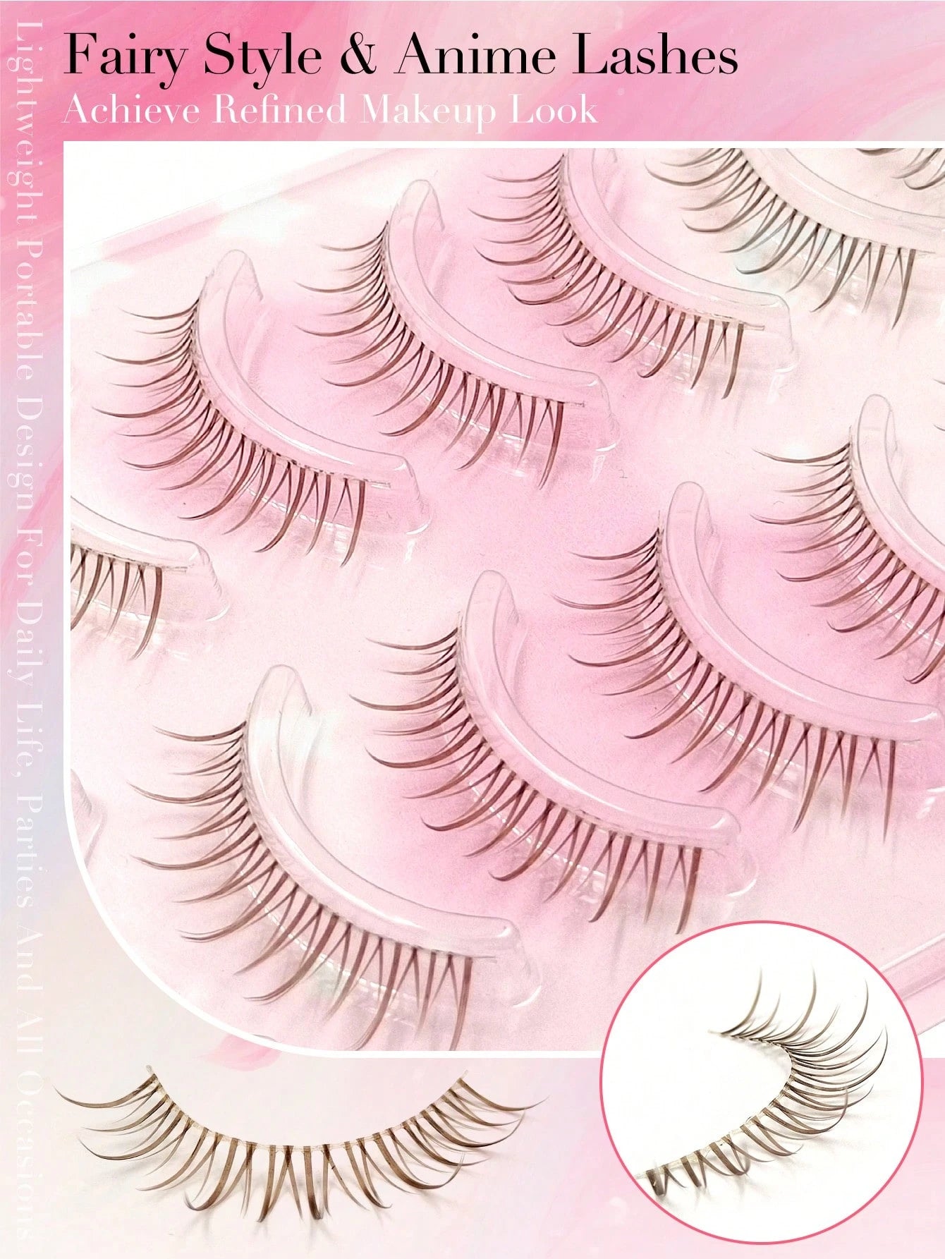 Asiteo 7 Pairs Transparent Stem Brown False Eyelashes, Cartoon Anime Style Natural Look, Thin And Dense Fairy Style, Long And Slender, Suitable For Daily And Party Makeup, Creating A Charming Makeup E