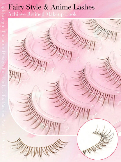 Asiteo 7 Pairs Transparent Stem Brown False Eyelashes, Cartoon Anime Style Natural Look, Thin And Dense Fairy Style, Long And Slender, Suitable For Daily And Party Makeup, Creating A Charming Makeup E