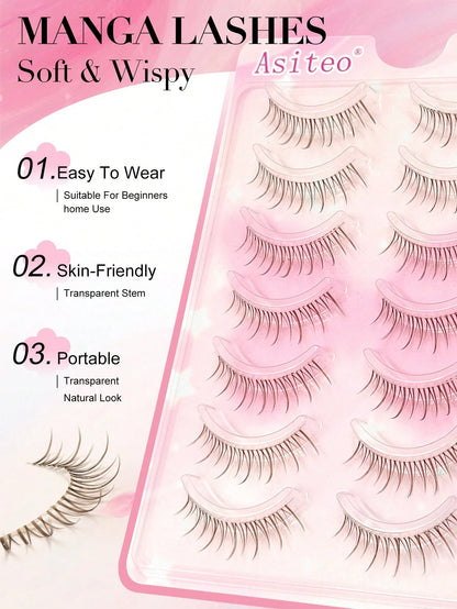 Asiteo 7 Pairs Transparent Stem Brown False Eyelashes, Cartoon Anime Style Natural Look, Thin And Dense Fairy Style, Long And Slender, Suitable For Daily And Party Makeup, Creating A Charming Makeup E