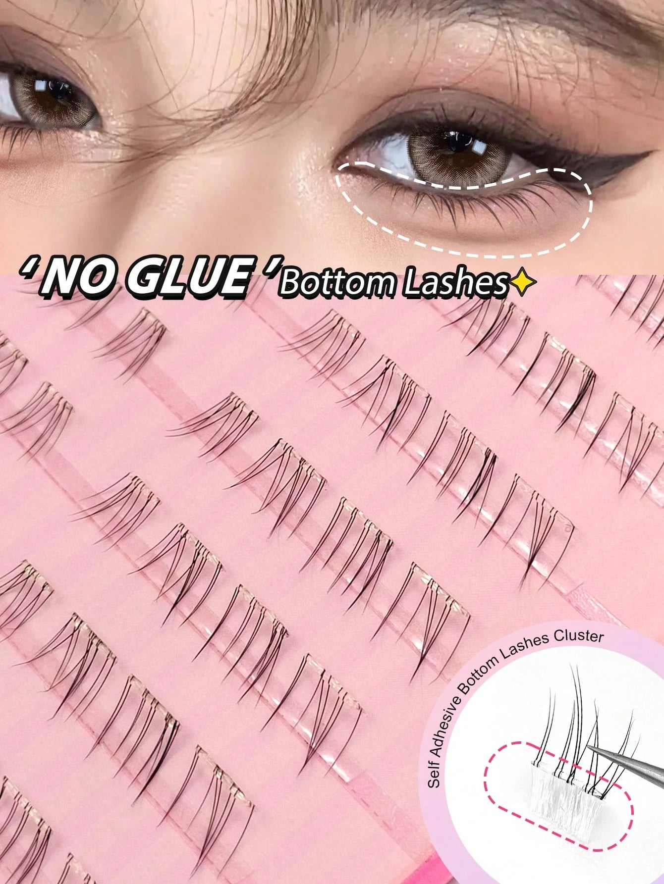 Asiteo 80pcs C-Curl Self-Adhesive Cartoon Style Lower Eyelashes, Pre-Glued Transparent Stem Lower Lash Extensions, DIY Single Cluster Lower False Eyelashes, No Glue Needed