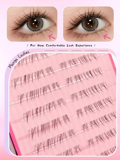 Asiteo 80pcs C-Curl Self-Adhesive Cartoon Style Lower Eyelashes, Pre-Glued Transparent Stem Lower Lash Extensions, DIY Single Cluster Lower False Eyelashes, No Glue Needed