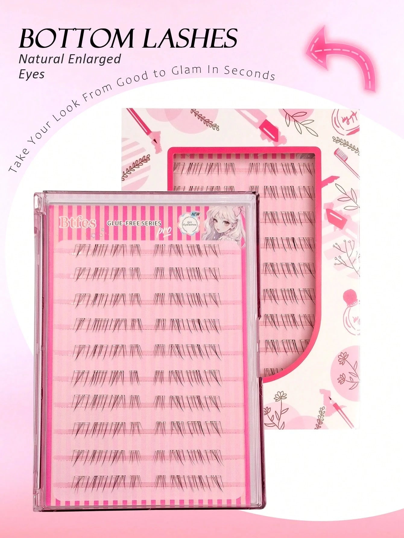 Asiteo 80pcs C-Curl Self-Adhesive Cartoon Style Lower Eyelashes, Pre-Glued Transparent Stem Lower Lash Extensions, DIY Single Cluster Lower False Eyelashes, No Glue Needed