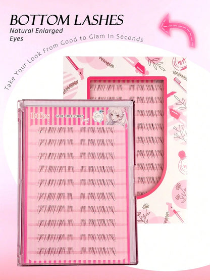 Asiteo 80pcs C-Curl Self-Adhesive Cartoon Style Lower Eyelashes, Pre-Glued Transparent Stem Lower Lash Extensions, DIY Single Cluster Lower False Eyelashes, No Glue Needed