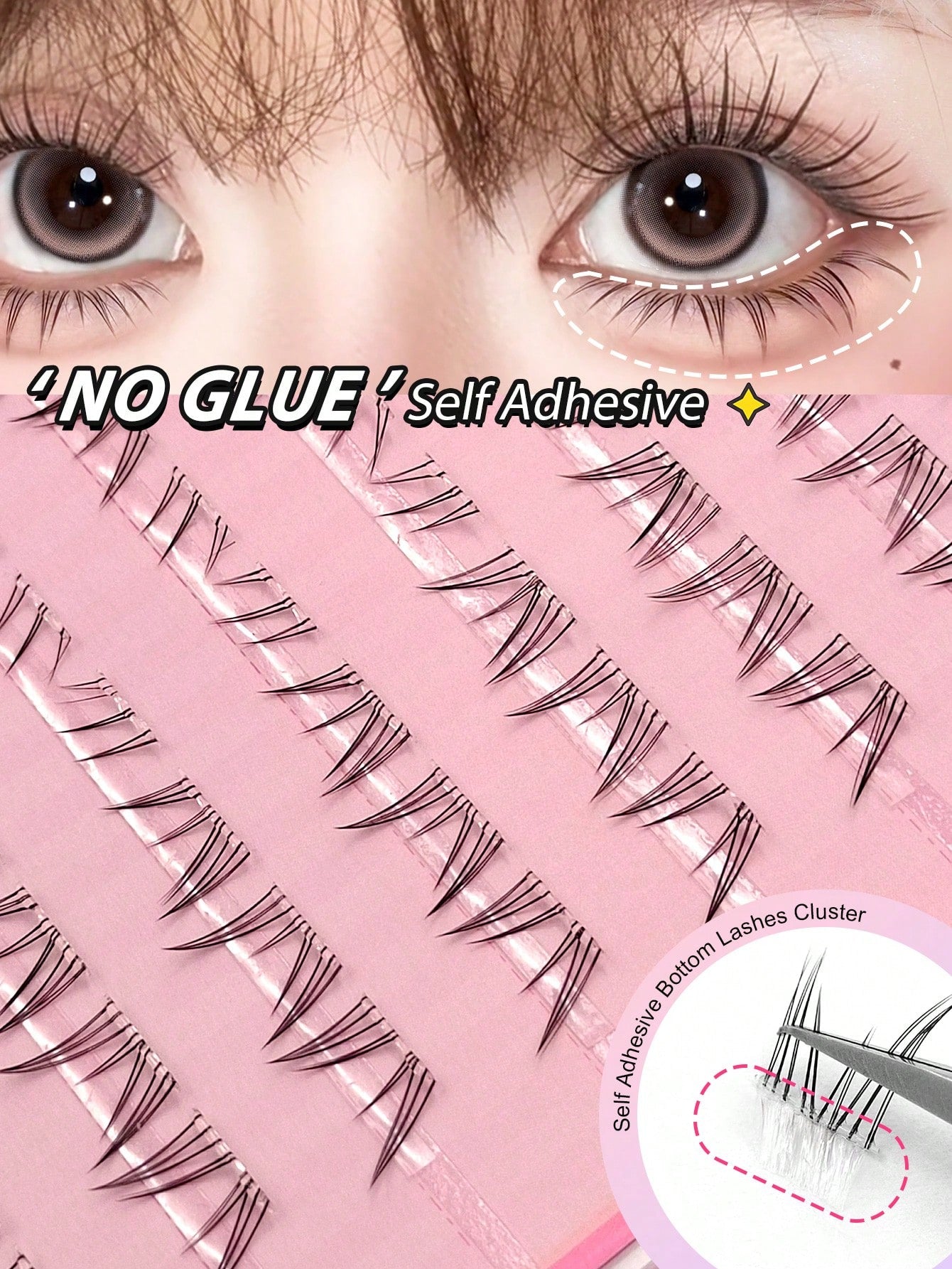 Asiteo 80pcs C-Curl Self-Adhesive Cartoon Style Lower Eyelashes, Pre-Glued Transparent Stem Lower Lash Extensions, DIY Single Cluster Lower False Eyelashes, No Glue Needed