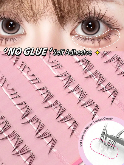 Asiteo 80pcs C-Curl Self-Adhesive Cartoon Style Lower Eyelashes, Pre-Glued Transparent Stem Lower Lash Extensions, DIY Single Cluster Lower False Eyelashes, No Glue Needed