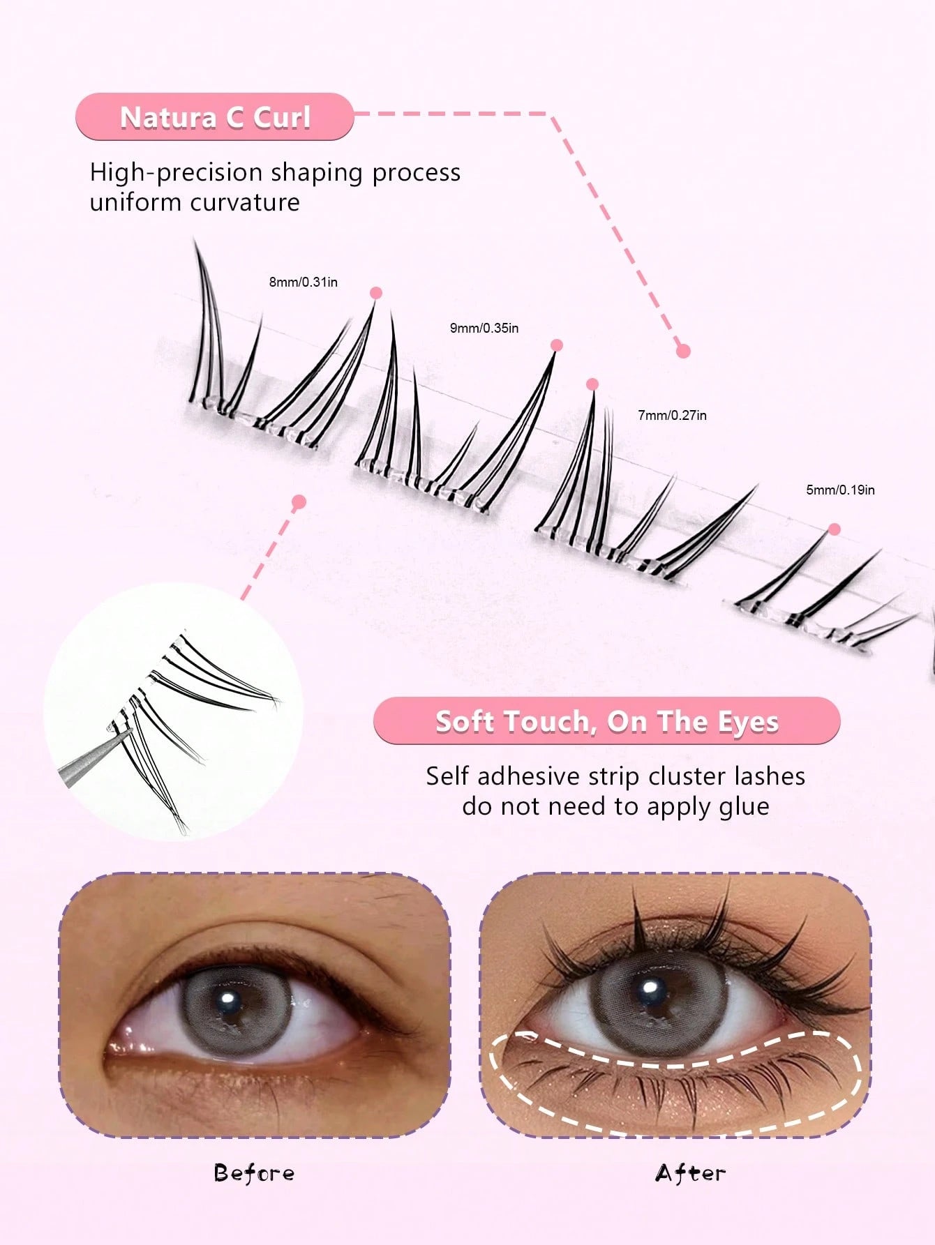 Asiteo 80pcs C-Curl Self-Adhesive Cartoon Style Lower Eyelashes, Pre-Glued Transparent Stem Lower Lash Extensions, DIY Single Cluster Lower False Eyelashes, No Glue Needed