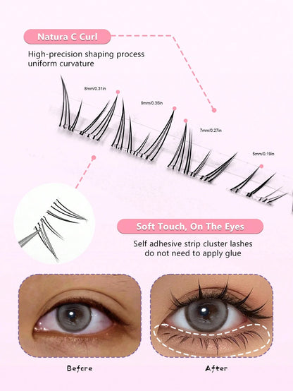 Asiteo 80pcs C-Curl Self-Adhesive Cartoon Style Lower Eyelashes, Pre-Glued Transparent Stem Lower Lash Extensions, DIY Single Cluster Lower False Eyelashes, No Glue Needed