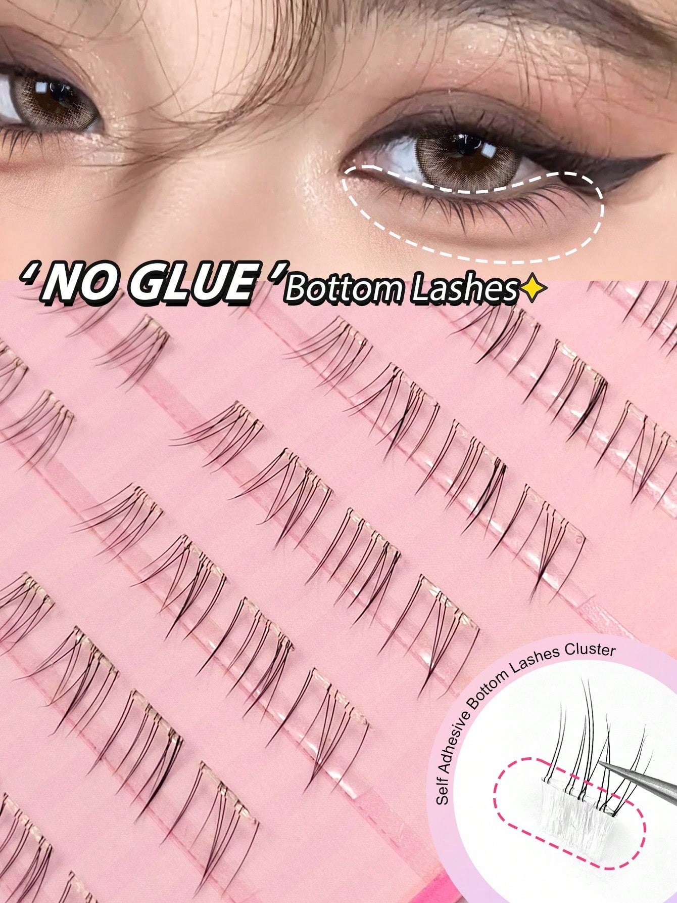 Asiteo 80pcs C-Curl Self-Adhesive Cartoon Style Lower Eyelashes, Pre-Glued Transparent Stem Lower Lash Extensions, DIY Single Cluster Lower False Eyelashes, No Glue Needed