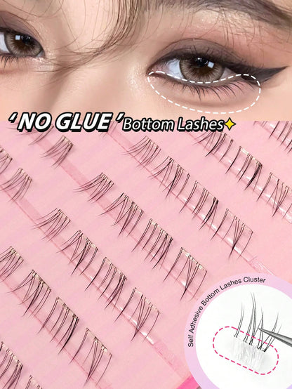 Asiteo 80pcs C-Curl Self-Adhesive Cartoon Style Lower Eyelashes, Pre-Glued Transparent Stem Lower Lash Extensions, DIY Single Cluster Lower False Eyelashes, No Glue Needed