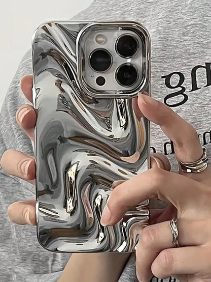 Asymmetric Wave Fashion Silver 3D Liquid Mirror 1pc Minimalist Elegant Pearl White 3D Stereoscopic Wave Design Phone Case Compatible With IPhone 11, 13, 12, 14, 13 Pro Max, 14 Pro Max, 15, 15 Pro, 15