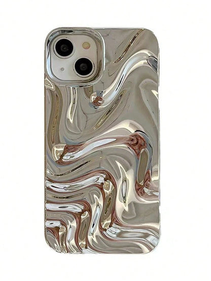 Asymmetric Wave Fashion Silver 3D Liquid Mirror 1pc Minimalist Elegant Pearl White 3D Stereoscopic Wave Design Phone Case Compatible With IPhone 11, 13, 12, 14, 13 Pro Max, 14 Pro Max, 15, 15 Pro, 15