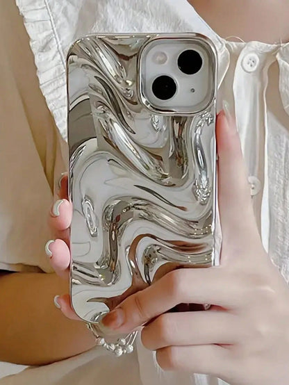 Asymmetric Wave Fashion Silver 3D Liquid Mirror 1pc Minimalist Elegant Pearl White 3D Stereoscopic Wave Design Phone Case Compatible With IPhone 11, 13, 12, 14, 13 Pro Max, 14 Pro Max, 15, 15 Pro, 15