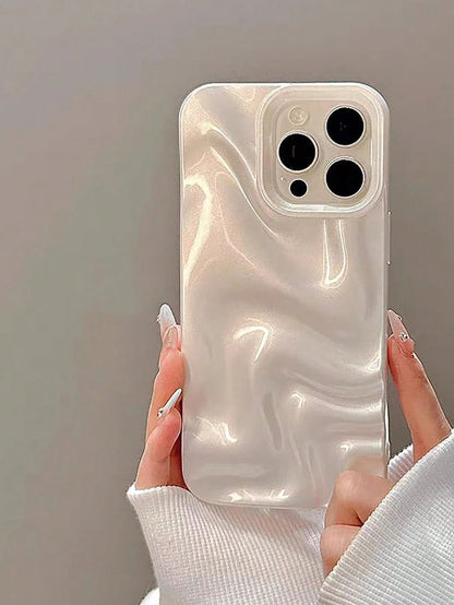 Asymmetric Wave Fashion Silver 3D Liquid Mirror 1pc Minimalist Elegant Pearl White 3D Stereoscopic Wave Design Phone Case Compatible With IPhone 11, 13, 12, 14, 13 Pro Max, 14 Pro Max, 15, 15 Pro, 15