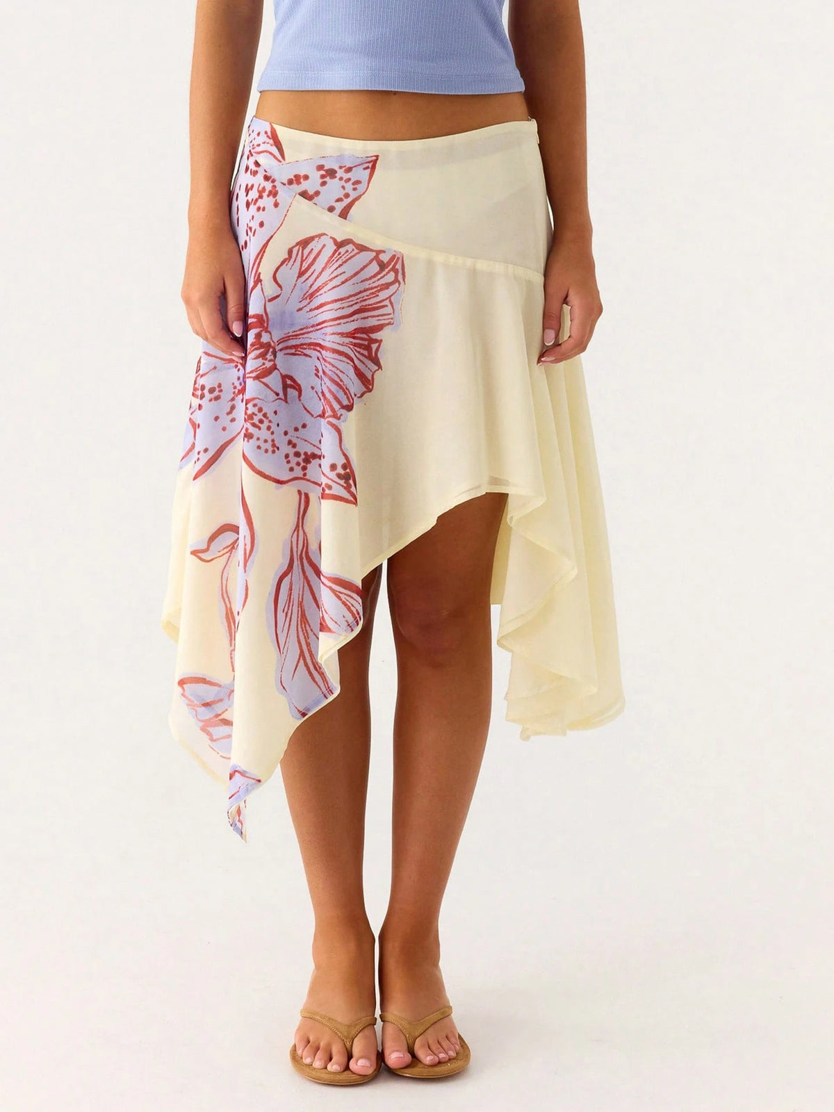Asymmetrical Chiffon Midi Skirts, Floral/Animal Print Flowy Handkerchief Hem Skirts, Casual Summer Beach Cover Up